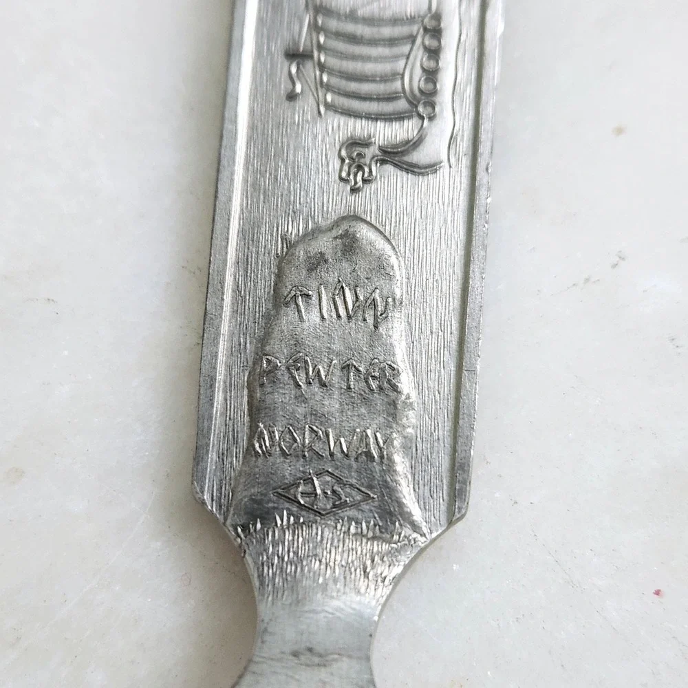 Vintage Heilag‎ Olav Pewter Norway Viking Nutcracker Spoon Set Norse Boat Motif